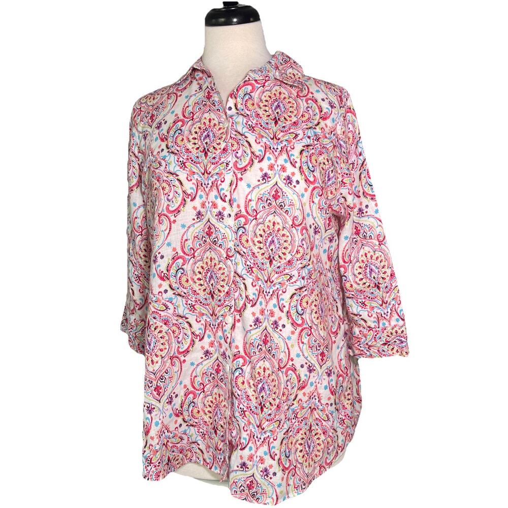 Chico's No Iron Linen Shirt Tunic Top 0P/4/P Women’s Button Up Multi Printed